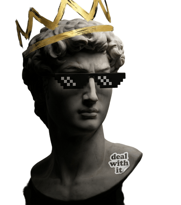 Dark marble bust with a gold crown and 8-bit sunglasses