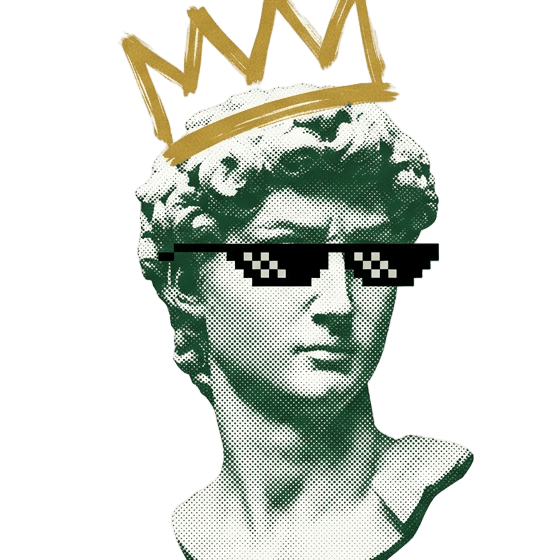 Classical marble bust with a gold crown and 8-bit sunglasses