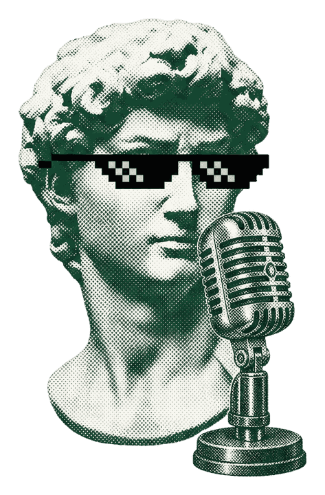 Bust with an old radio microphone, the Narrator