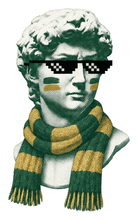 Fan bust with a green-and-gold scarf and face paint